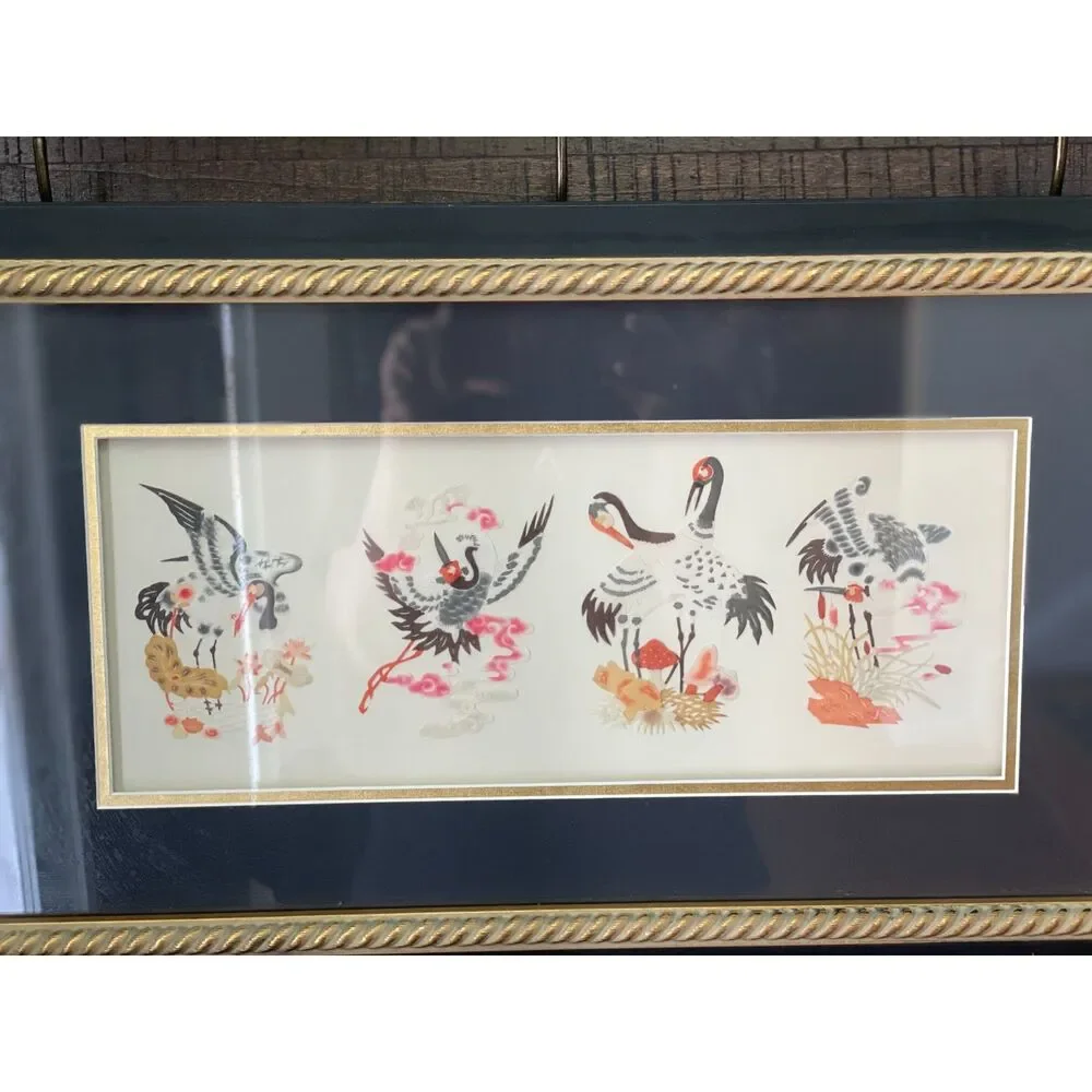 Vintage Asian Crane Silk Wall Art Framed Chinoiserie Bird Gold Frame 21” x 12.5”